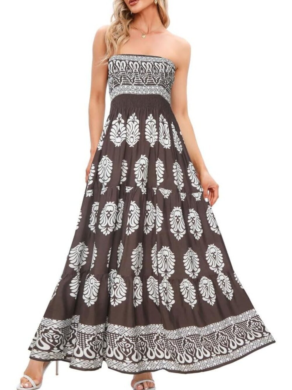Women's Black White Flower Casual Shoulder Strapless Tube Top Beach Maxi Dress